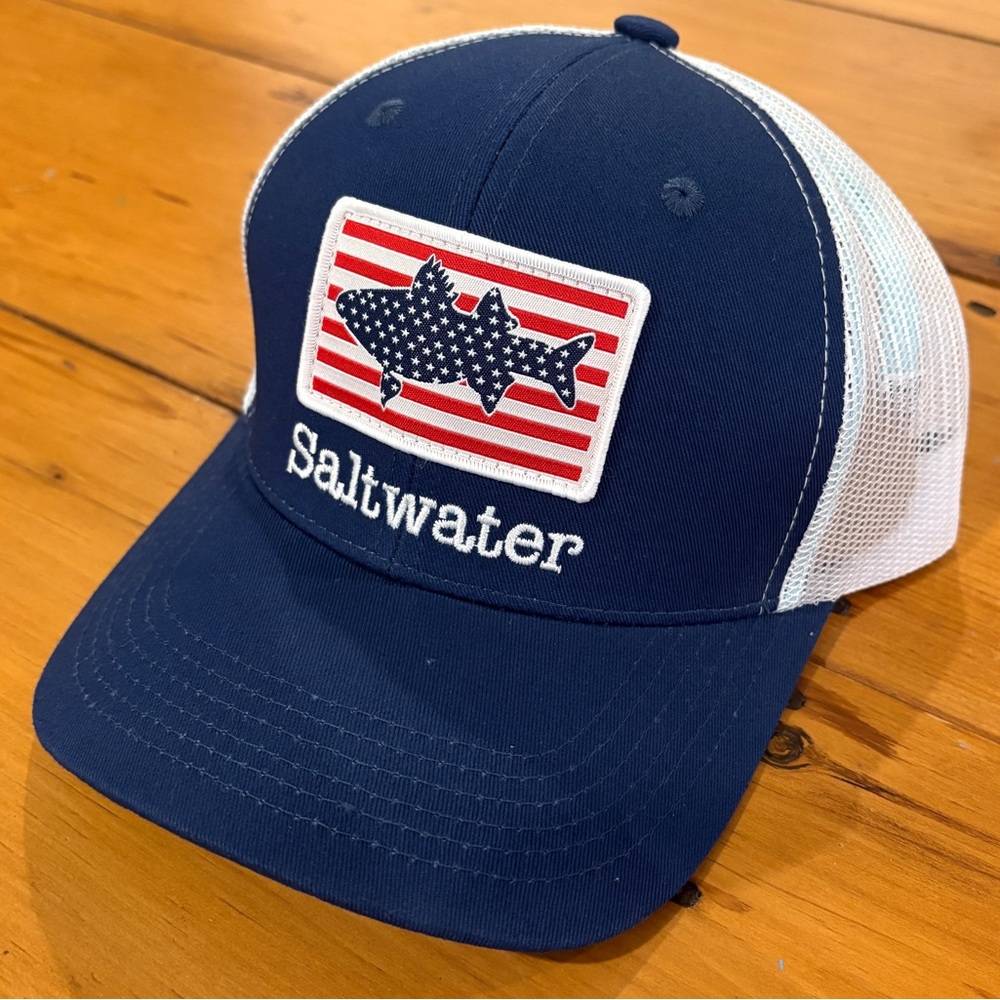 Saltwater American Flag Fish Patch Trucker Hat – Navy & White Mesh Snapback